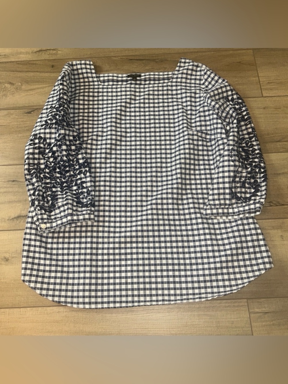 TALBOTS Peasant Top Ghingam Eyelet Embroidered Sleeves Womens XL  Spring Easter